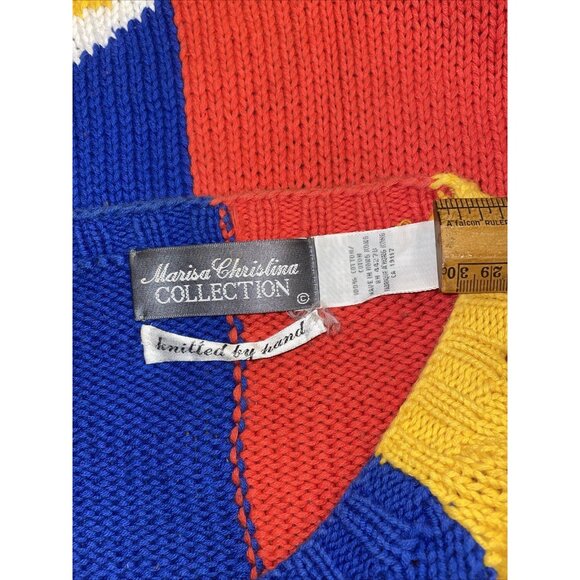 Vtg Marisa Christina Floral Hand Knit Sweater Whimsy Granny Retro Colorblock Lrg - Picture 6 of 8